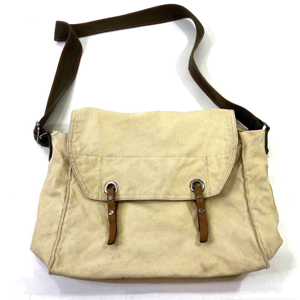Old Navy Beige Canvas Messenger Bag Camo Lining Leather Tabs Distressed Adjustbl